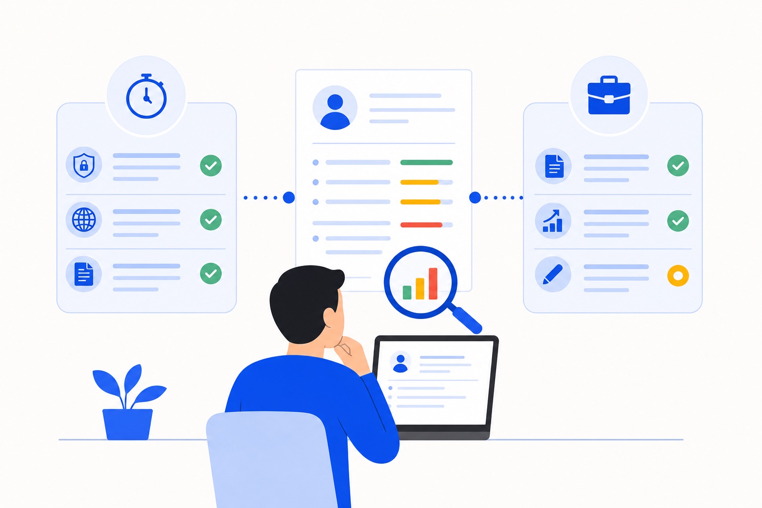 Illustration of a job seeker at a laptop comparing two sets of CV checks on either side of a CV